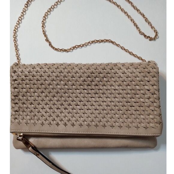 Urban Expressions Boho Tan Woven Cross Body Clutch Vegan Gold Chain Strap Purse - Picture 2 of 12